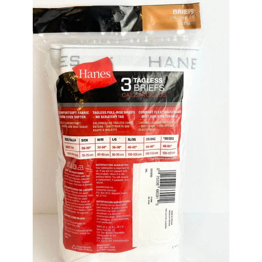 Hanes Mens 3 Pack Tagless White Briefs ComfortSoft Full Rise 2XL 2252X2
